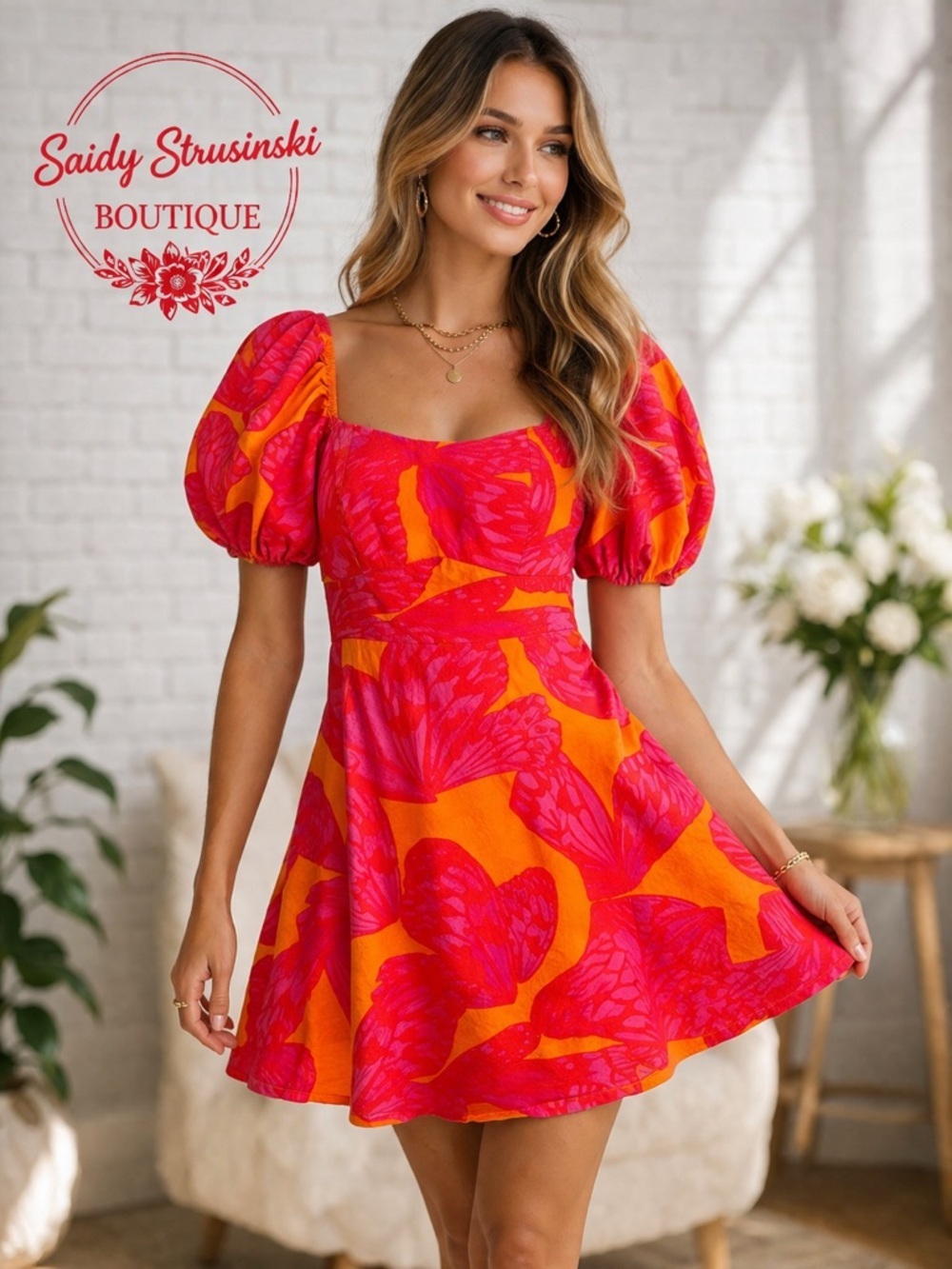 Scoop Bright Pink Orange Floral Puff Sleeve Mini Dress Barbiecore Size S 4-6
